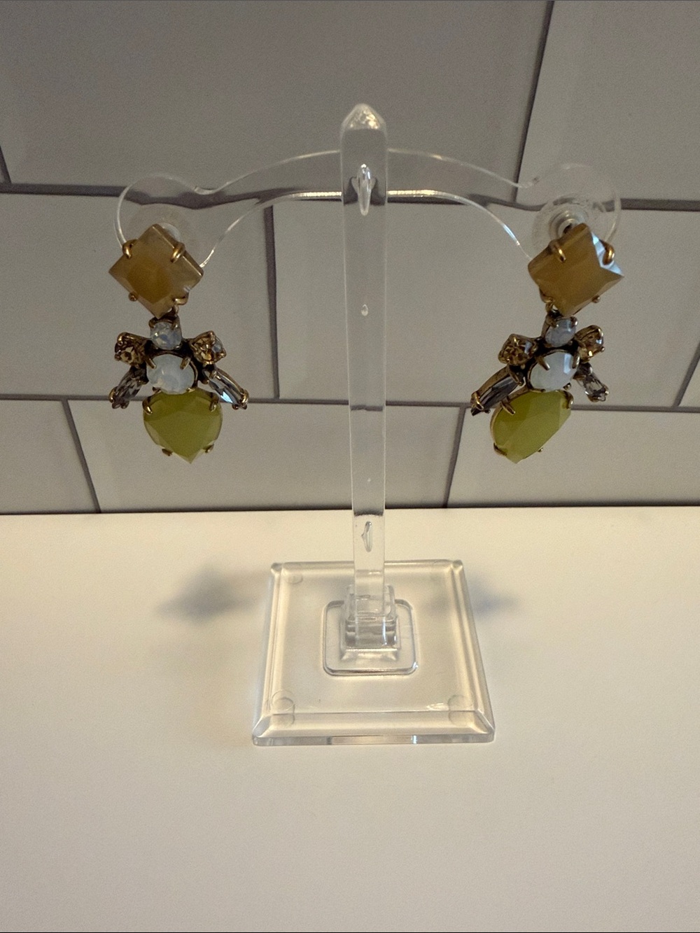 Stella & Dot Olive and Gold Crystal Drop Earrings